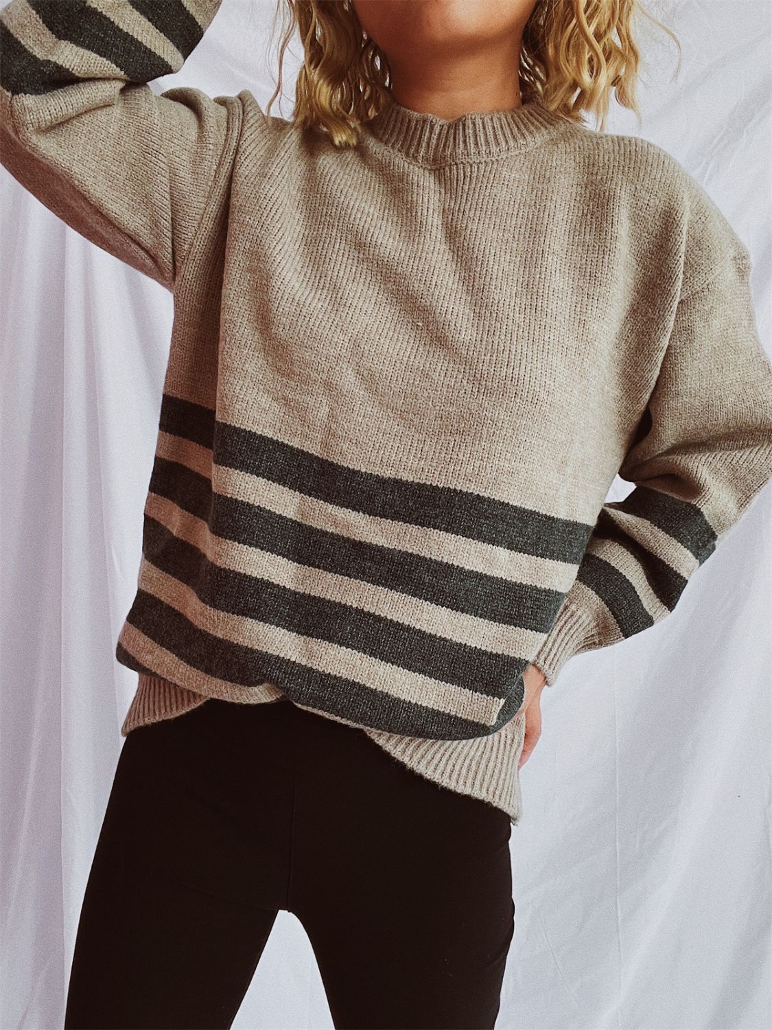 Striped Dropped Shoulder Long Sleeve Sweater  Trendsi   