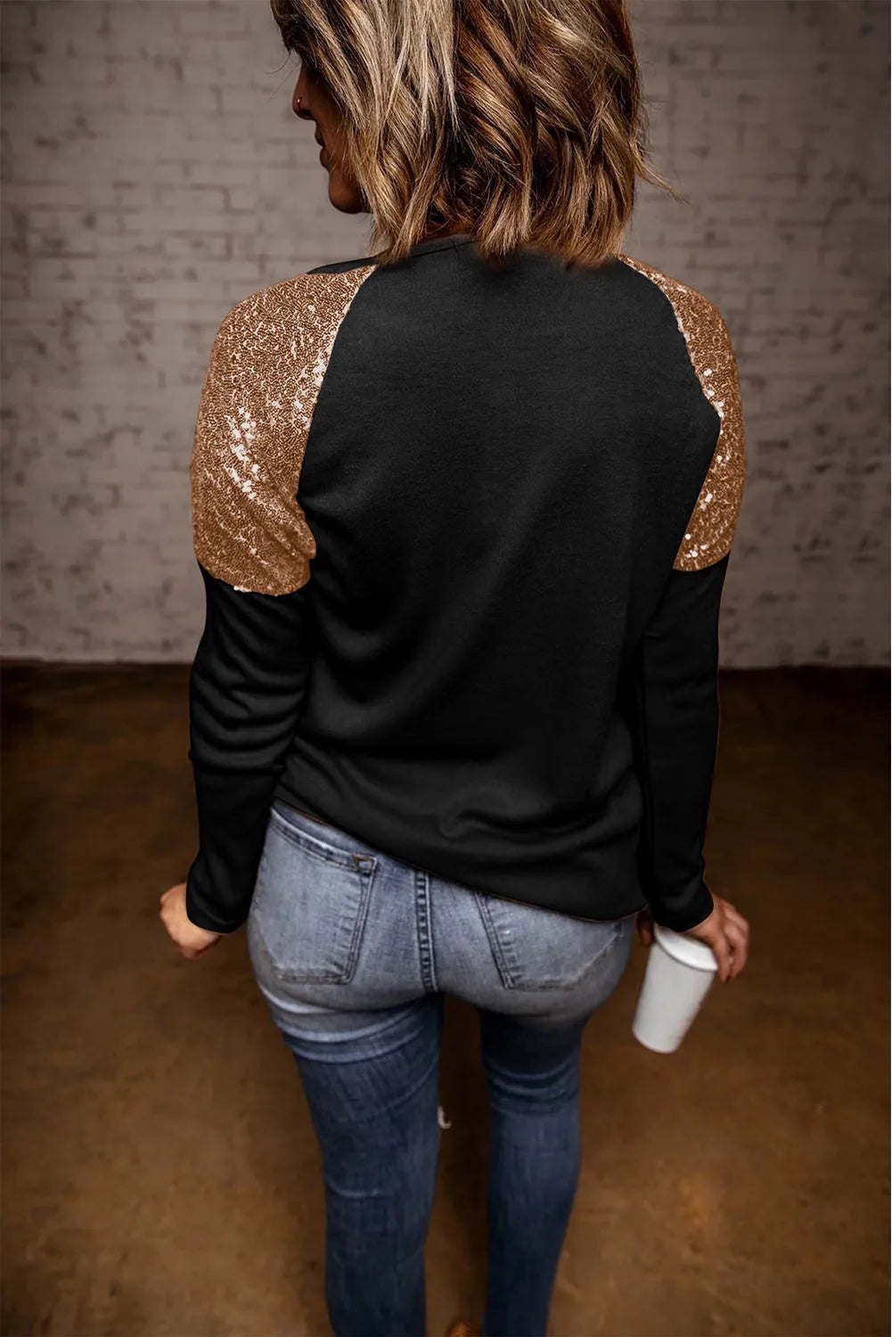 Sequin Round Neck Long Sleeve Blouse  Trendsi   