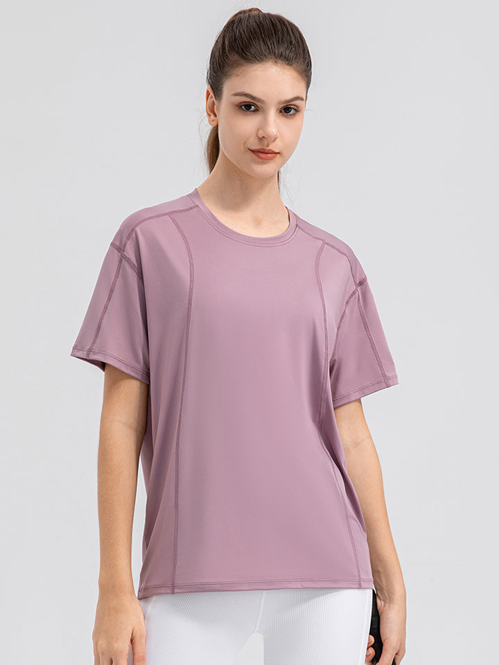 Round Neck Short Sleeve Active Top  Trendsi Dusty Pink S 