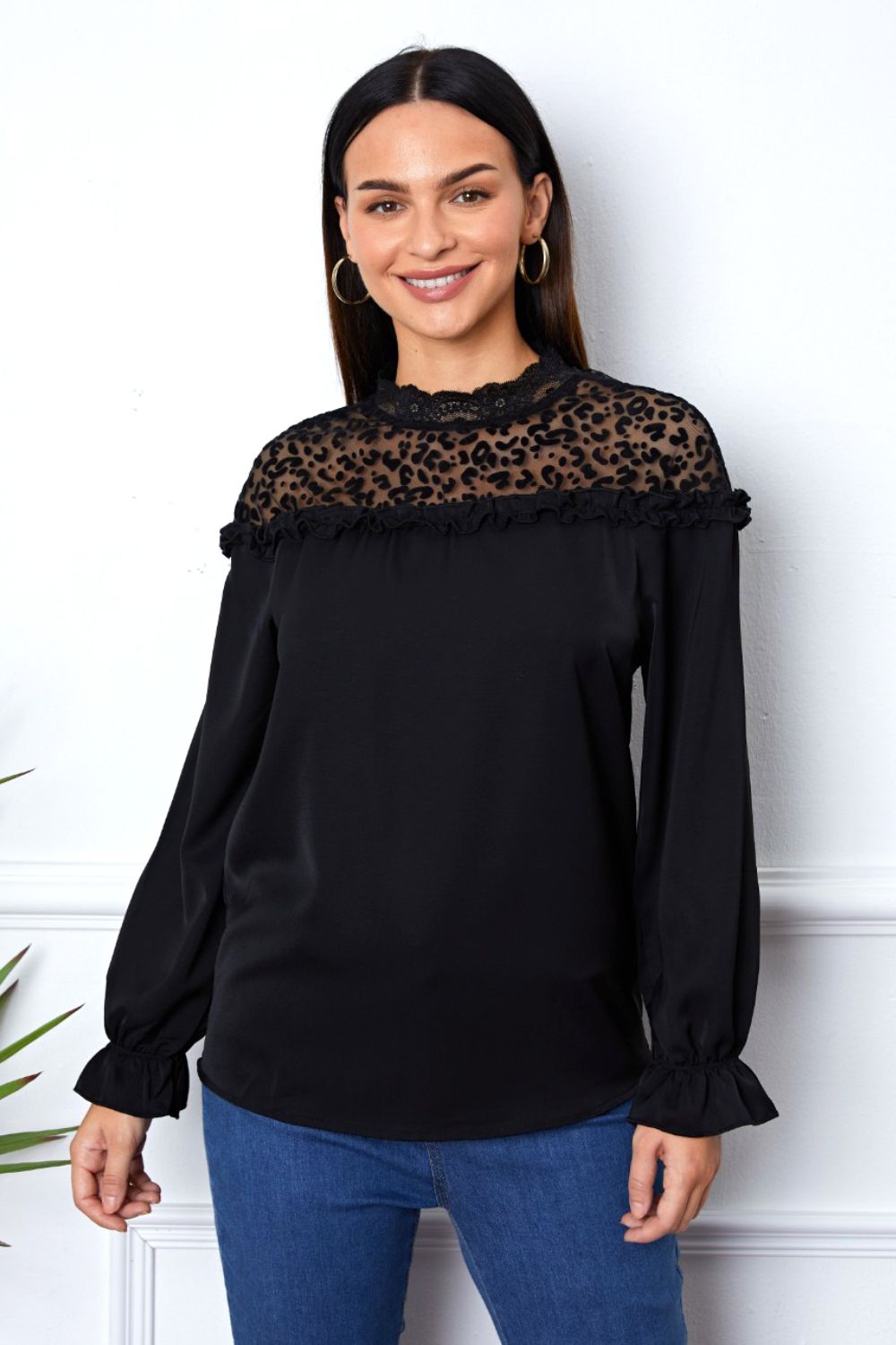 Leopard Frill Flounce Sleeve Blouse Blouse Trendsi Black S 