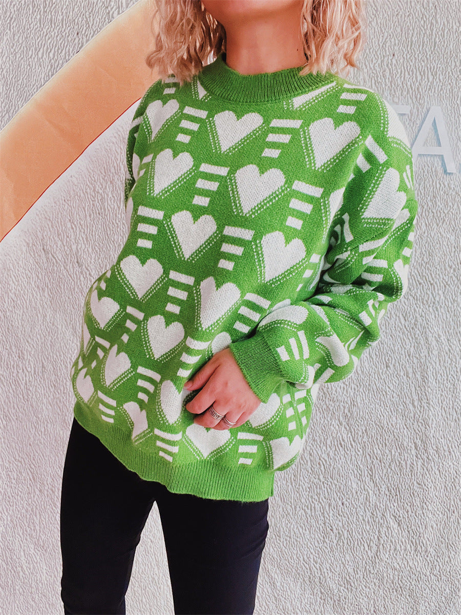 Heart Contrast Long Sleeve Dropped Shoulder Sweater  Trendsi   