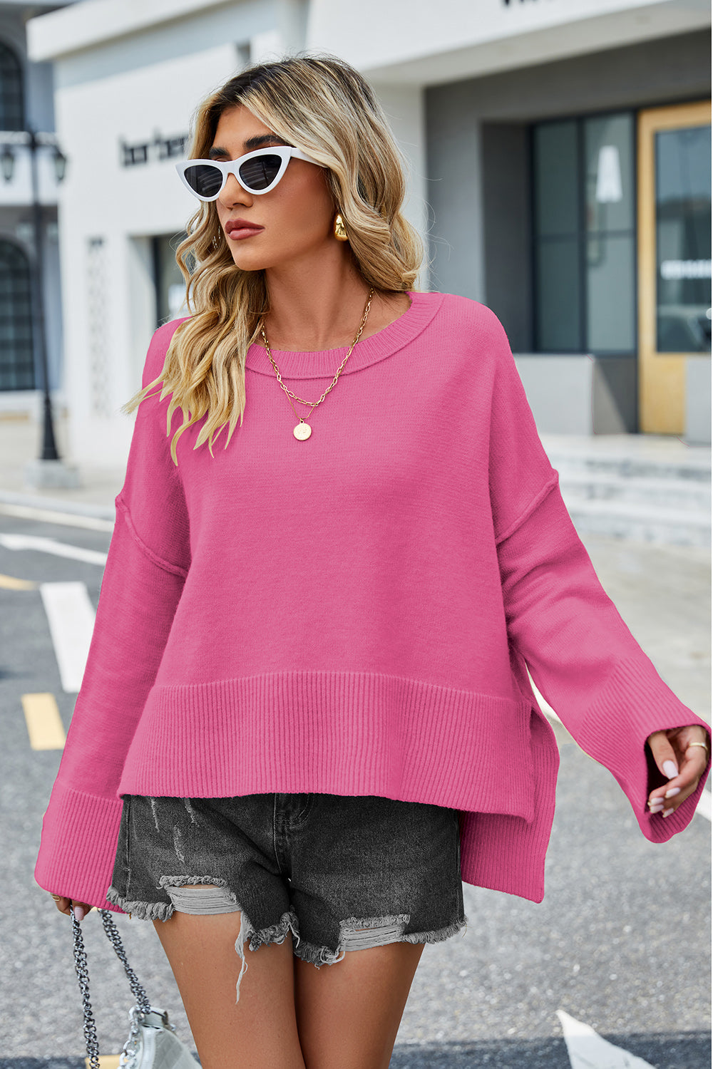 High-Low Slit Round Neck Long Sleeve Sweater  Trendsi   