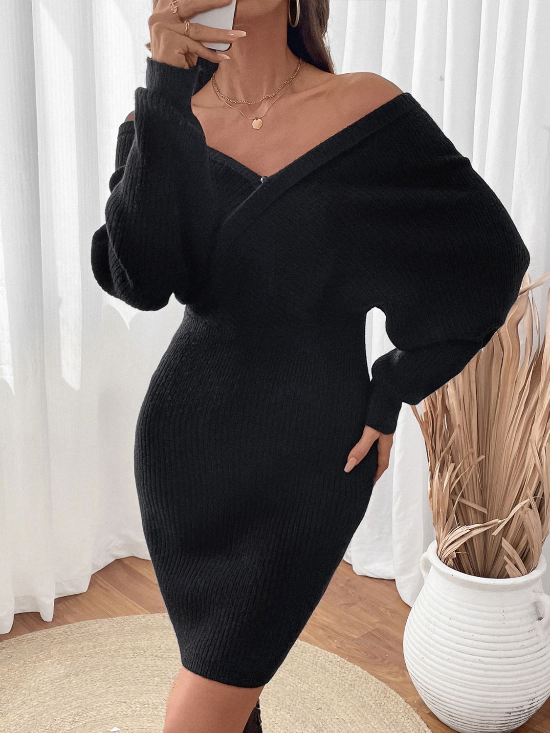 Perfee Surplice Long Sleeve Sweater Dress  Trendsi   