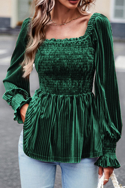 Smocked Ribbed Velvet Babydoll Top Blouse Trendsi   