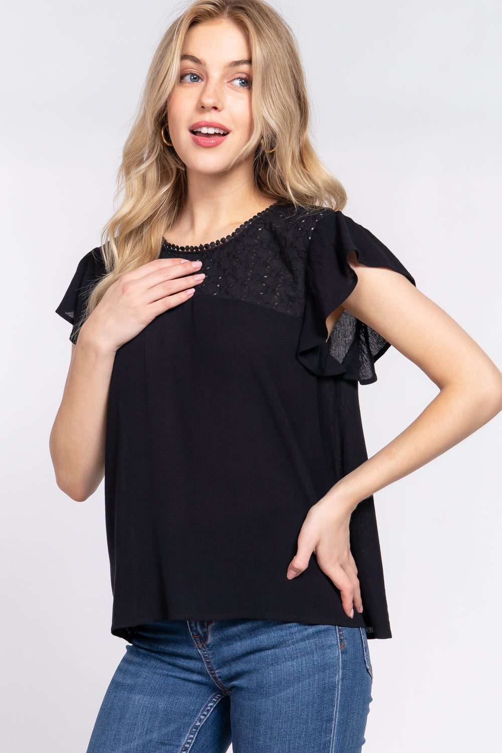 ACTIVE BASIC Ruffle Short Sleeve Crochet Blouse Blouse Trendsi   