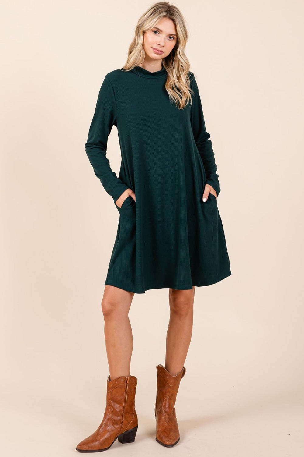 Mittoshop Mock Neck Long Sleeve Dress with Pockets  Trendsi   