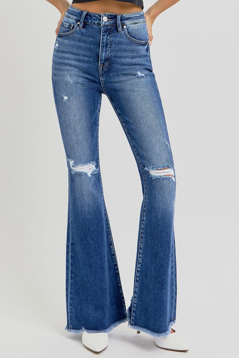 RISEN Full Size High Rise Distressed Raw Hem Flare Jeans  Trendsi   