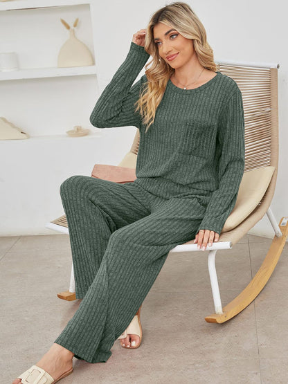 Round Neck Long Sleeve Top and Pants Set  Trendsi   