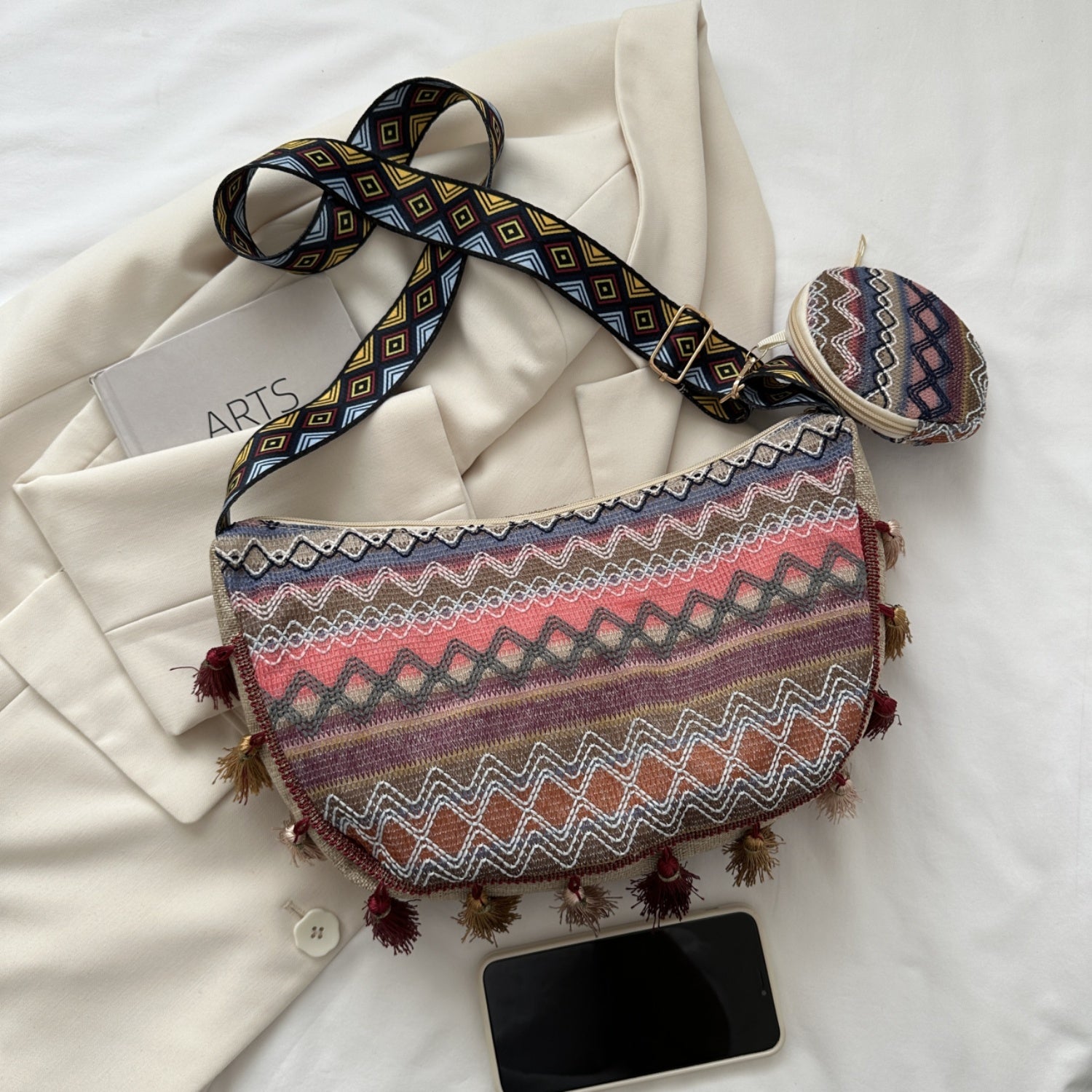 Printed Tassel Detail Crossbody Bag with Small Purse  Trendsi   