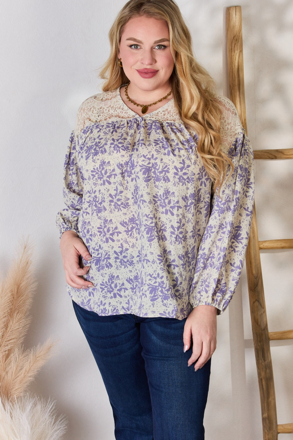 Hailey & Co Full Size Lace Detail Printed Blouse  Trendsi   