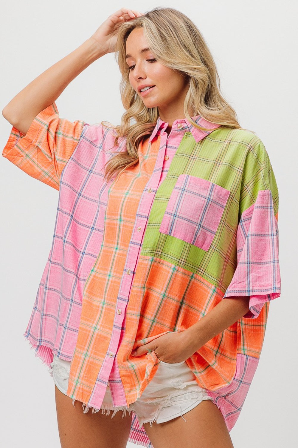 BiBi Plaid Collared Neck Half Sleeve Shirt  Trendsi   