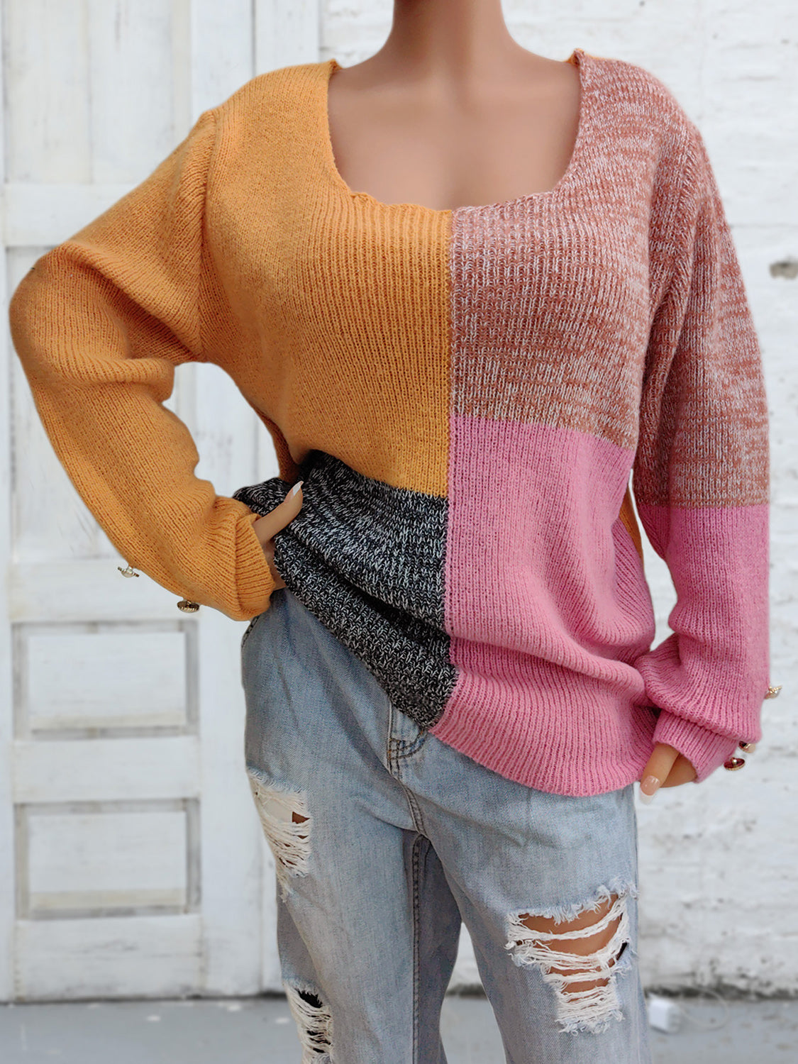 Color Block Decorative Button Long Sleeve Sweater  Trendsi   