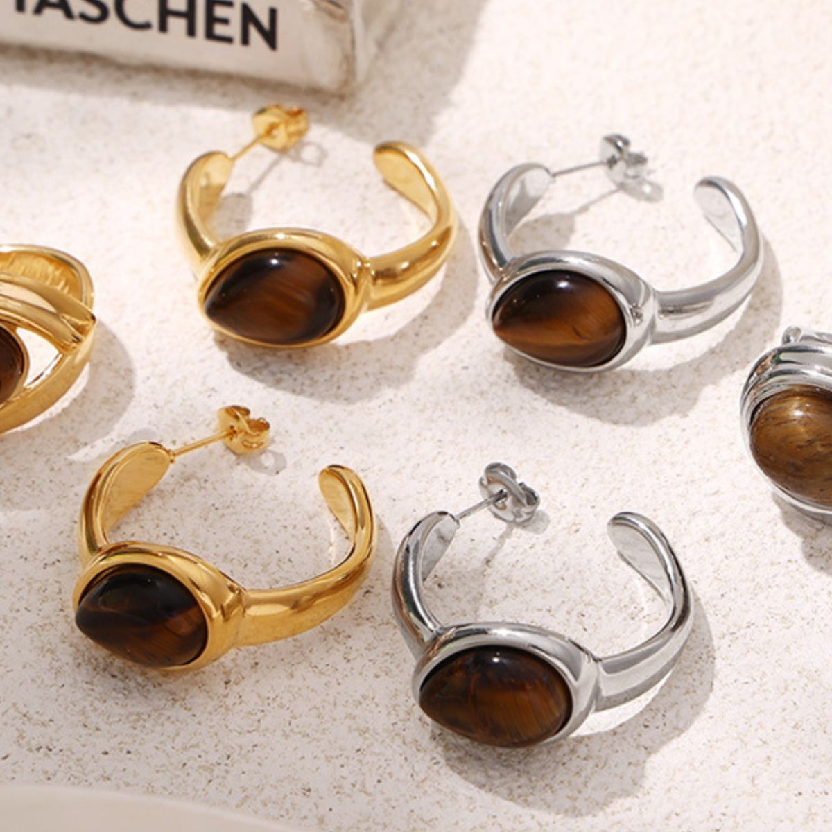 Stainless Steel Natural Tiger's Eye C-Hoop Earrings  Trendsi   