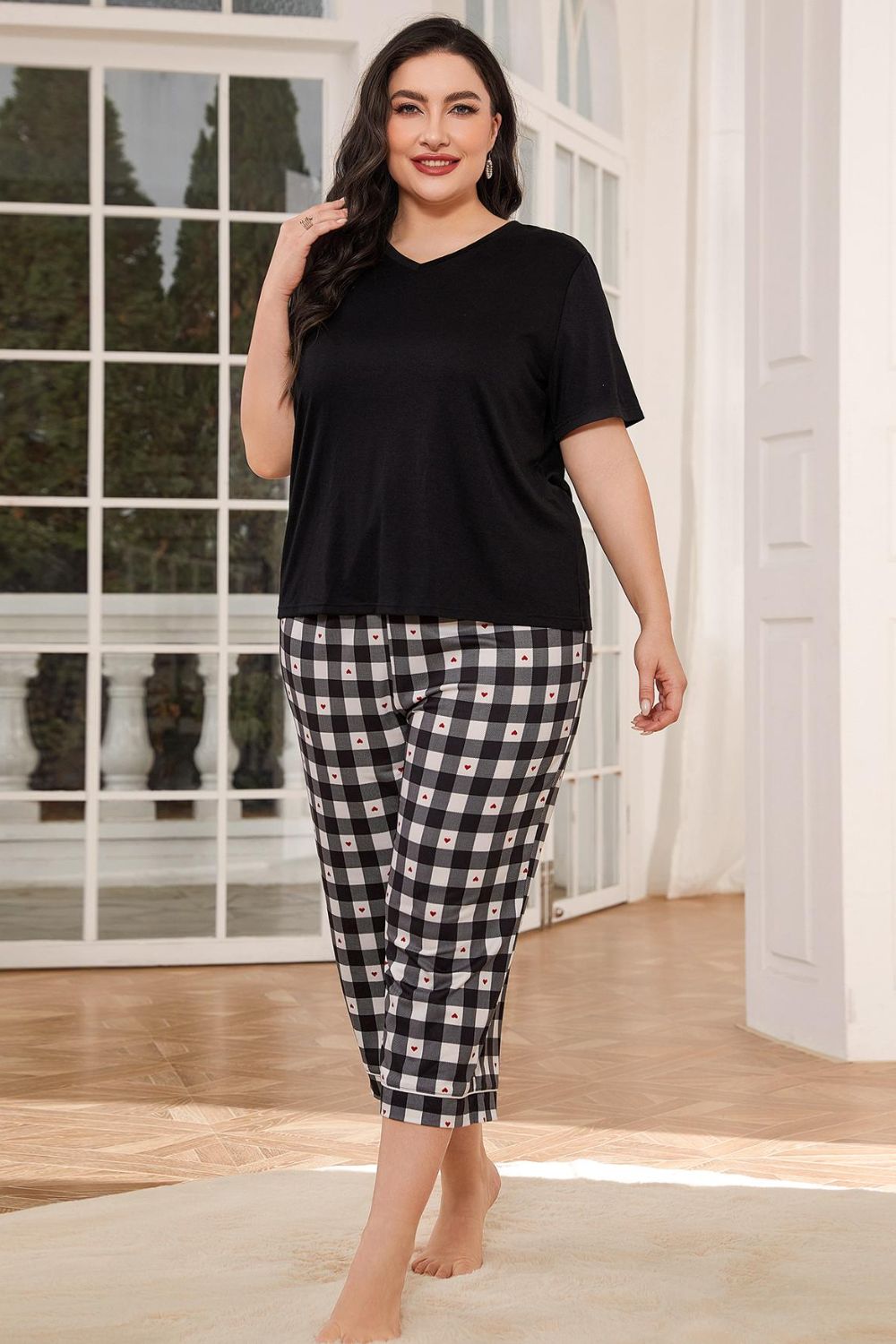 V-Neck Tee and Plaid Cropped Pants Lounge Set  Trendsi Black 0XL 