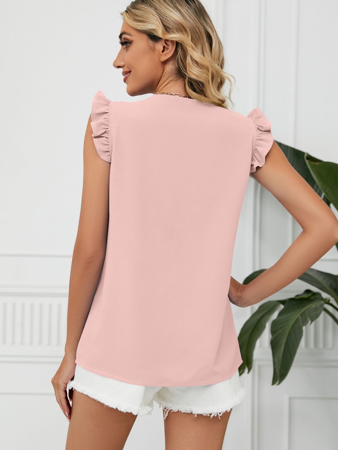 Ruffled V-Neck Cap Sleeve Blouse Blouse Trendsi   