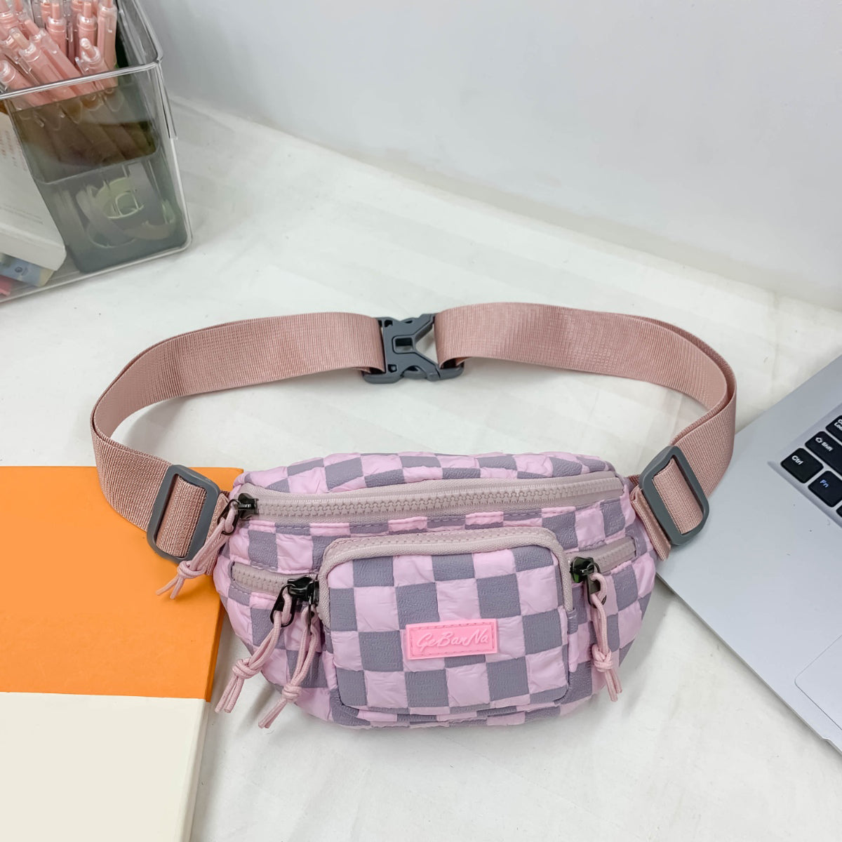 Checkered Adjustable Strap Nylon Crossbody Bag  Trendsi Pink One Size 