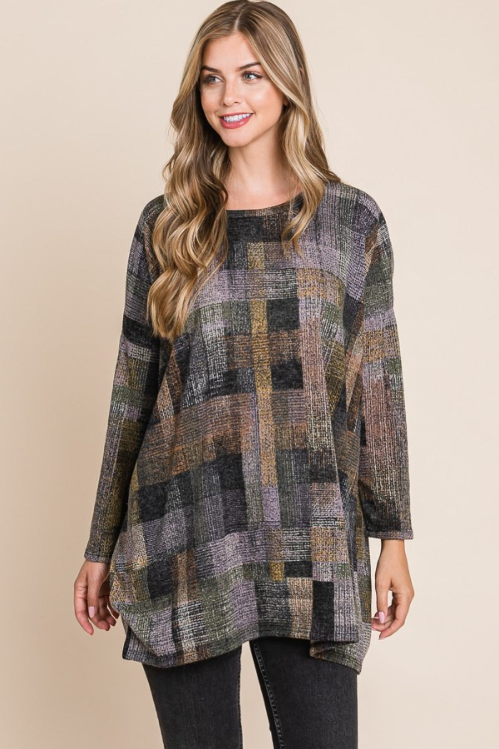 BOMBOM Plaid Round Neck Long Sleeve Top  Trendsi   