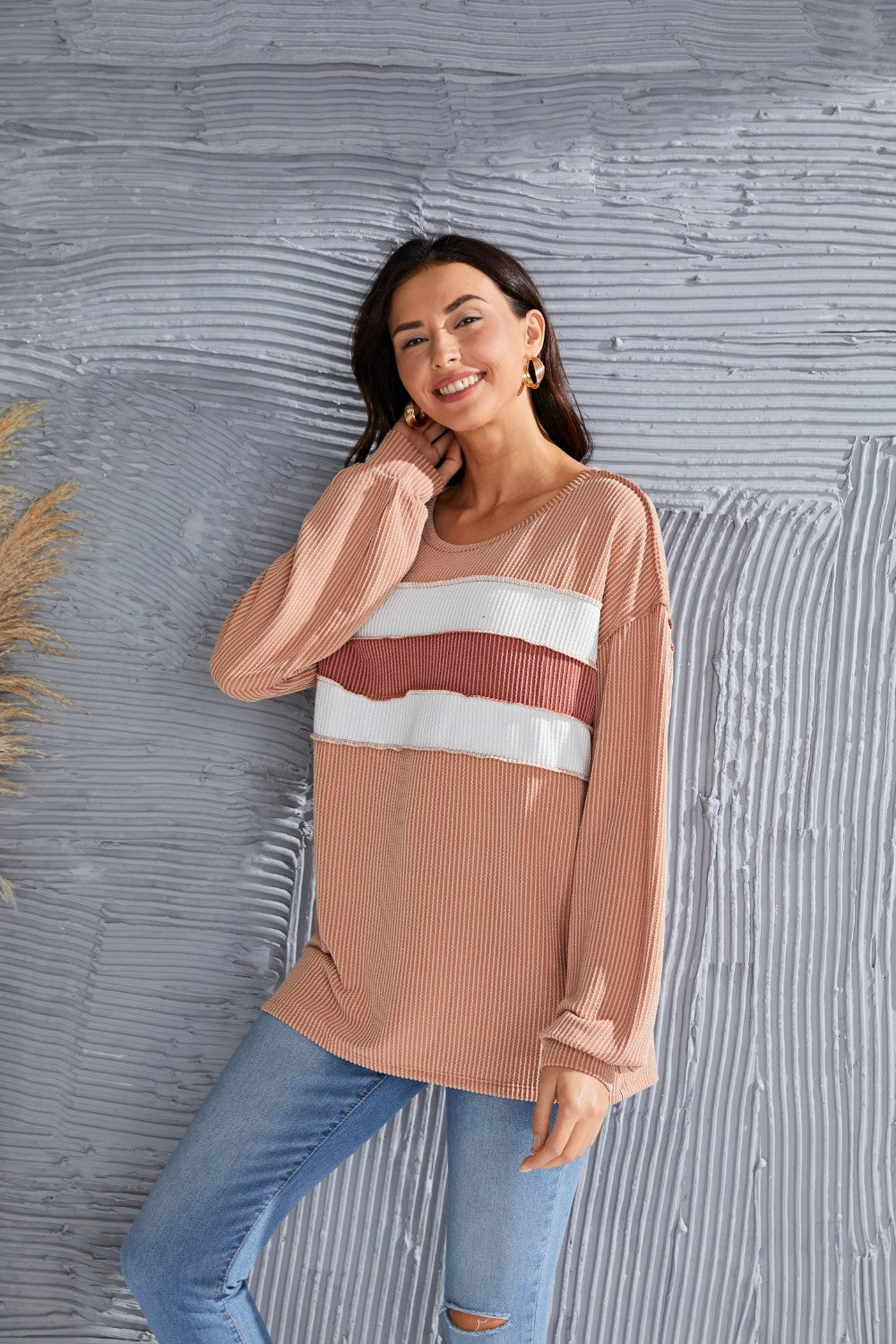 Ribbed Color Block Exposed Seam Round Neck Blouse Blouse Trendsi   