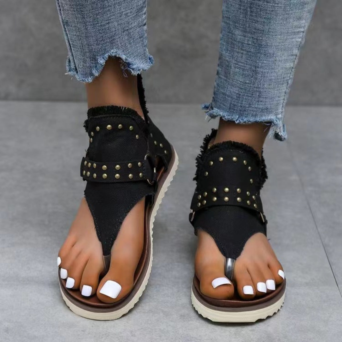 Studded Raw Hem Flat Sandals  Trendsi Dark 36(US5) 