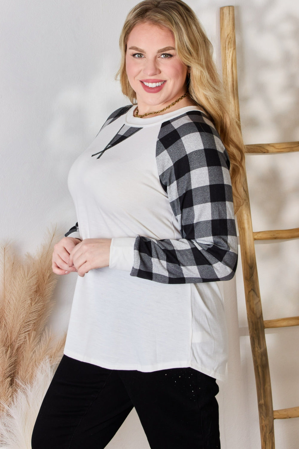 Hailey & Co Full Size Plaid Raglan Sleeve Round Neck Blouse  Trendsi   