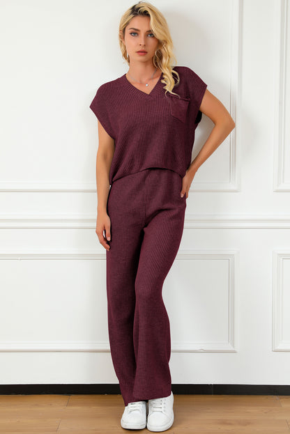 Pocketed V-Neck Top and Wide Leg Sweater Set Jumpsuit Trendsi   