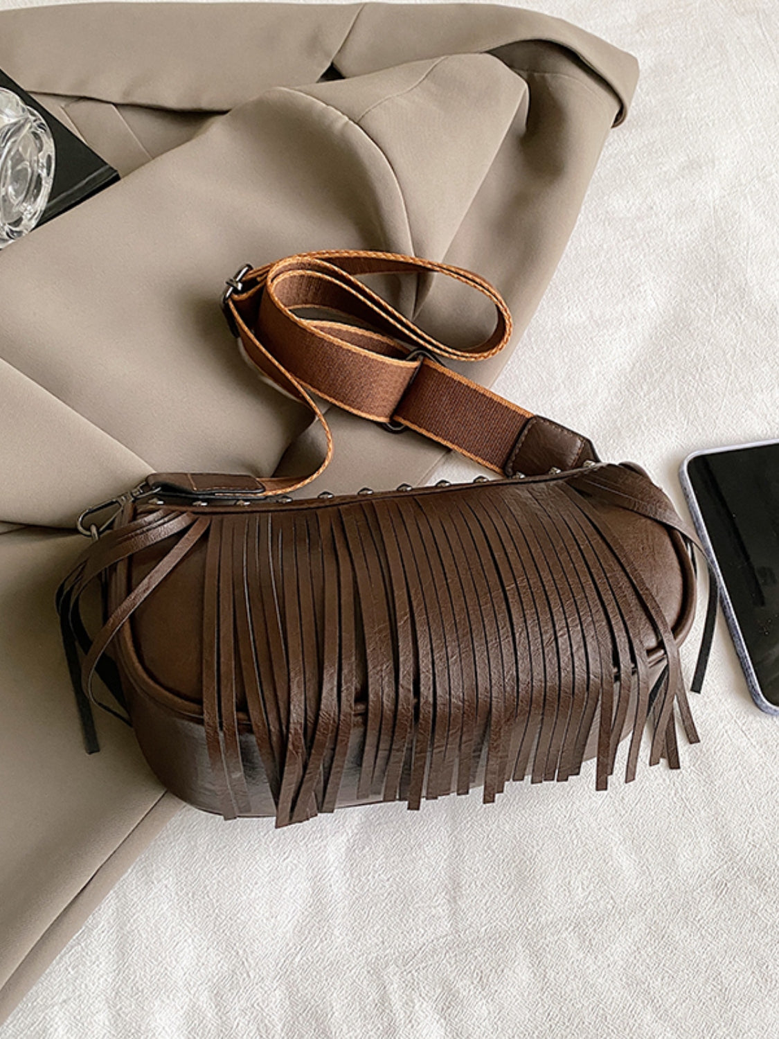 PU Leather Fringe Studded Crossbody Bag  Trendsi   