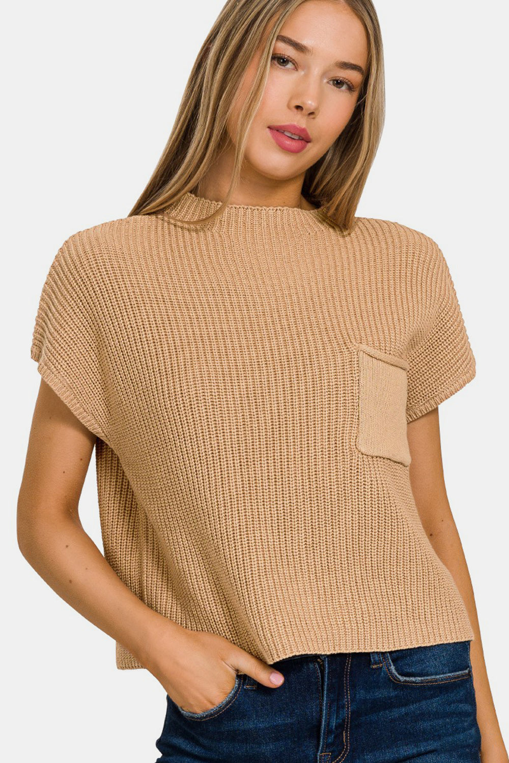 Zenana Mock Neck Short Sleeve Cropped Sweater  Trendsi Brush S 