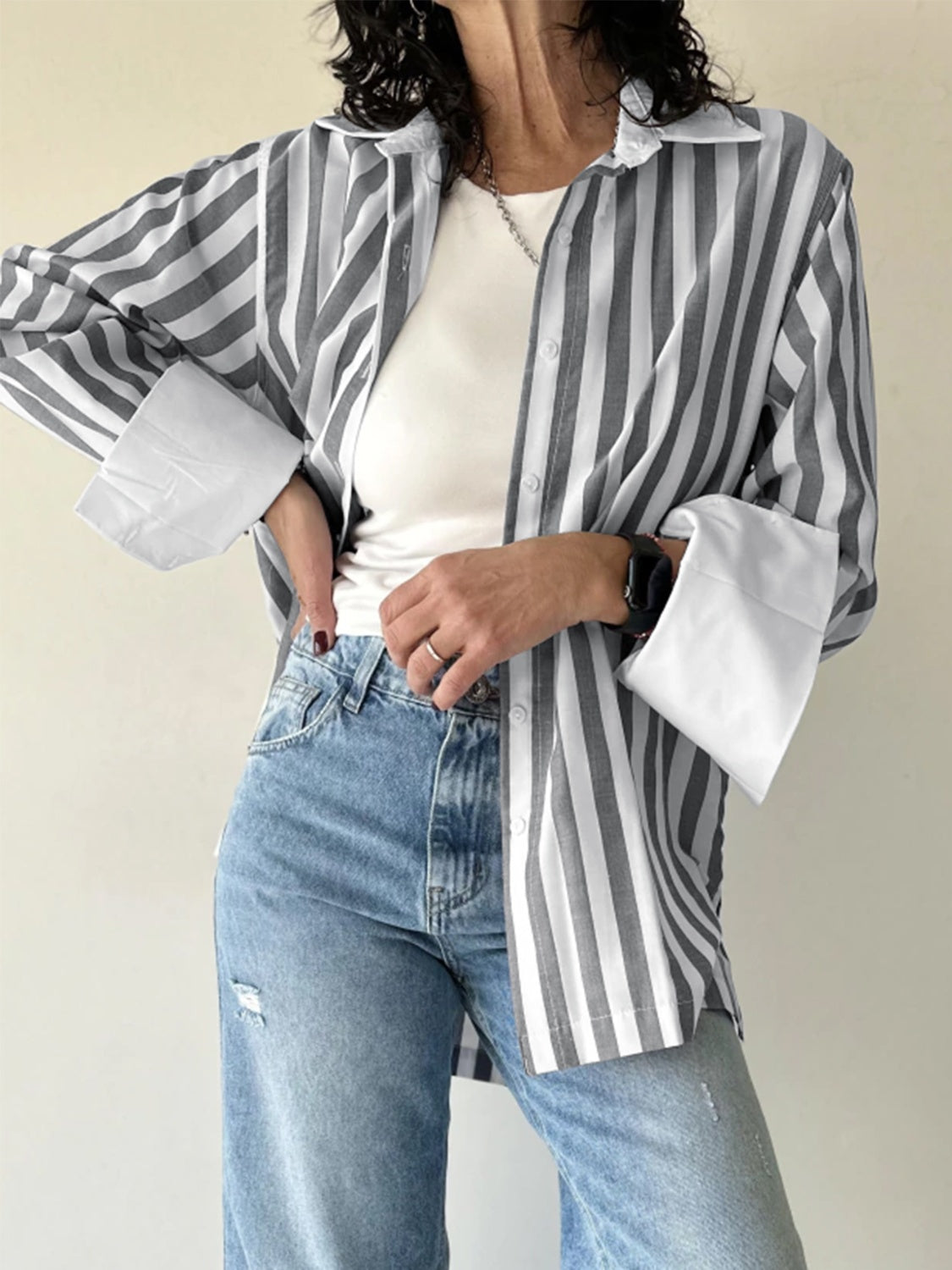 Striped Collared Neck Long Sleeve Shirt Blouse Trendsi   