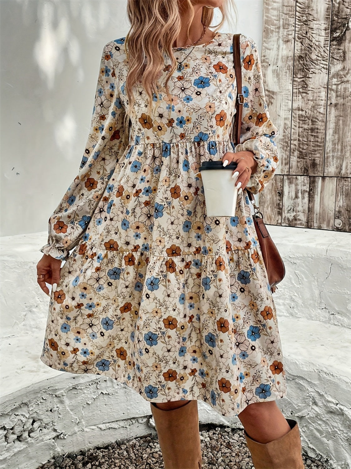 Ruffled Printed Round Neck Long Sleeve Dress  Trendsi   