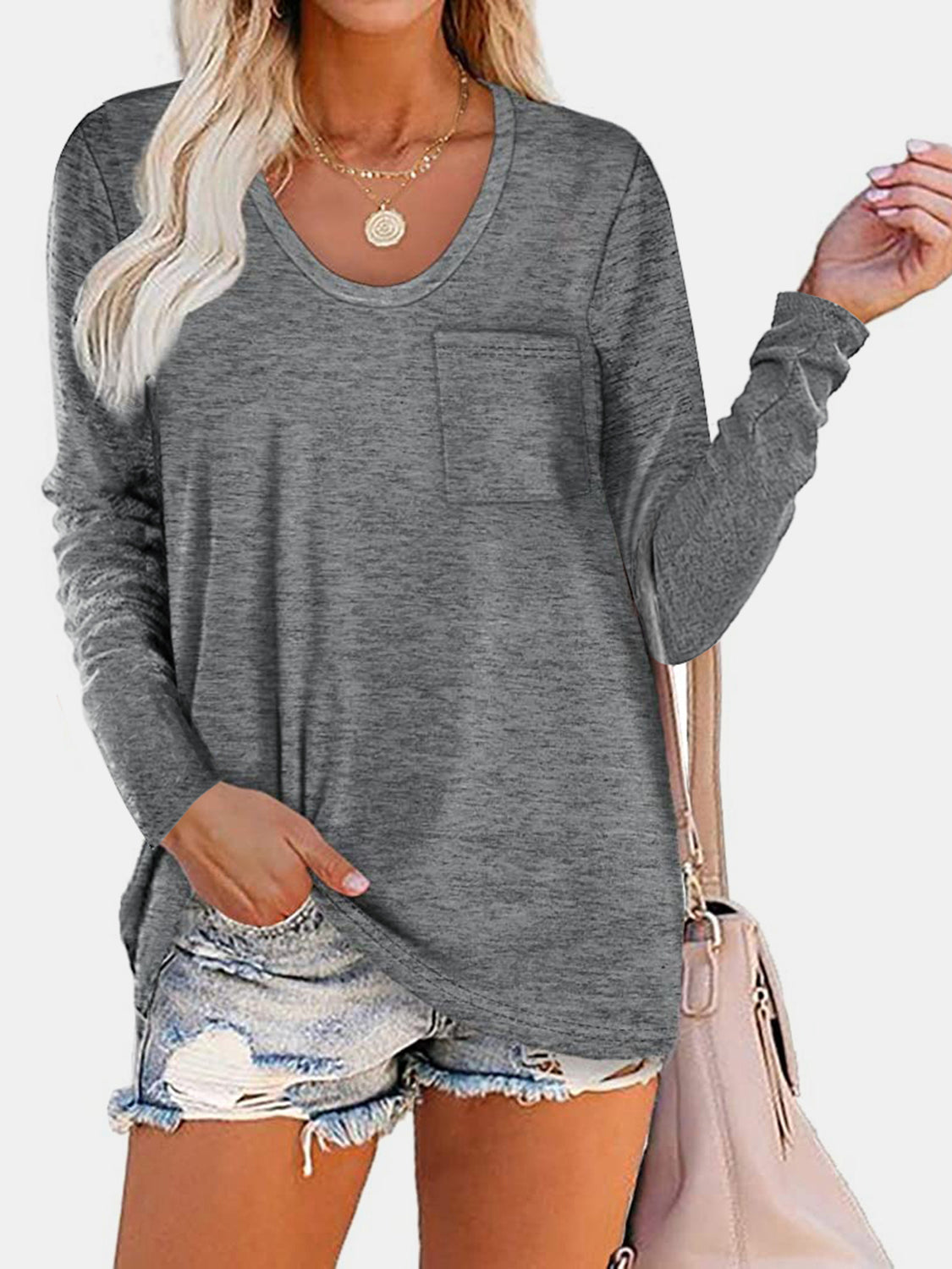 Round Neck Long Sleeve T-Shirt T-Shirt Trendsi Gray S 