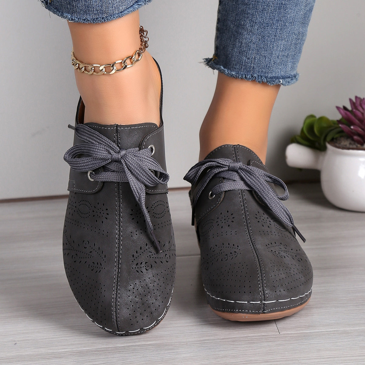 Lace-Up Round Toe Wedge Sandals  Trendsi Dark Gray 36(US5) 