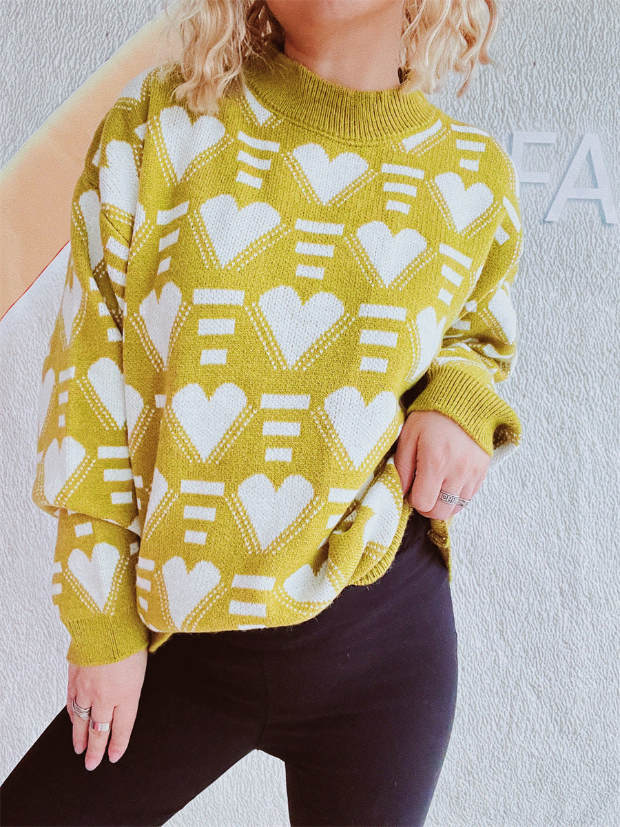 Heart Contrast Long Sleeve Dropped Shoulder Sweater  Trendsi   