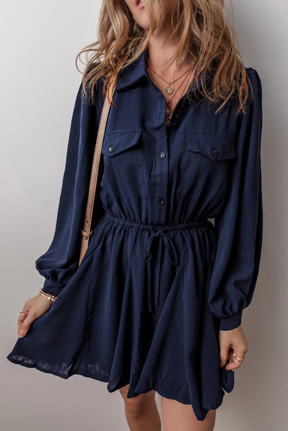 Drawstring Half Button Long Sleeve Dress Dress Trendsi Dark Navy S 