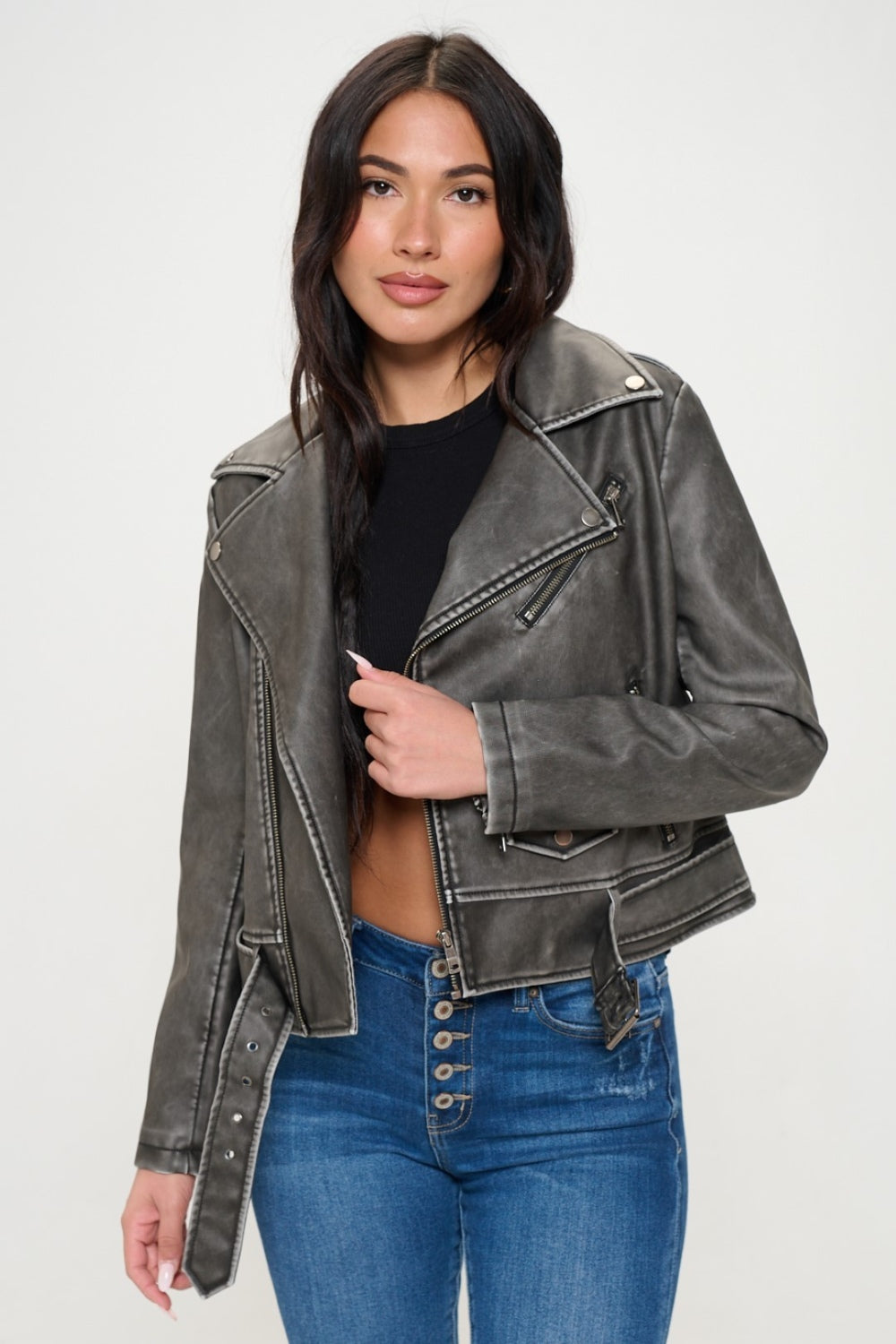 Coalition LA Zip Up Biker Jacket with Belt  Trendsi   