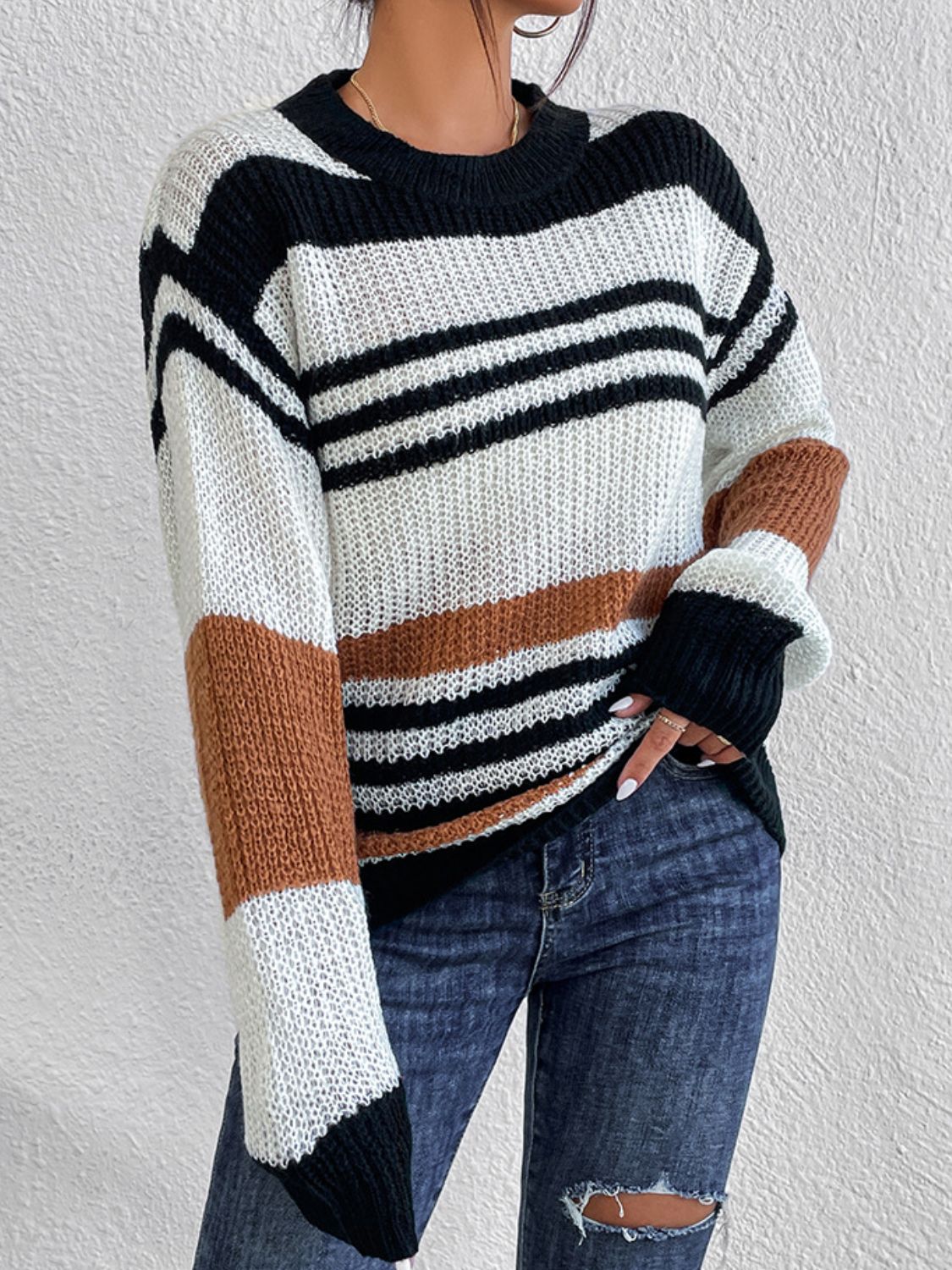 Contrast Striped Round Neck Long Sleeve Sweater  Trendsi   