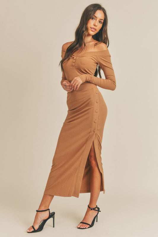 MABLE Button Detail Crop Top and Slit Midi Skirt Set  Trendsi Dusty Brown S 