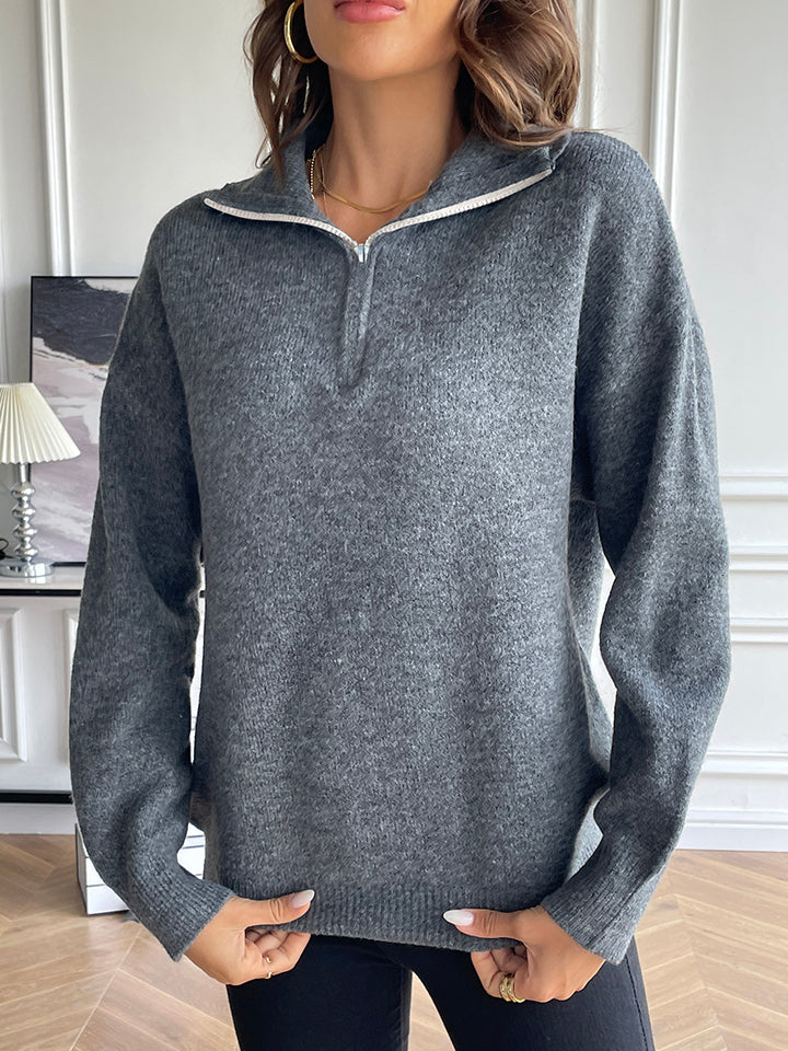 Half Zip Dropped Shoulder Sweater  Trendsi Charcoal S 