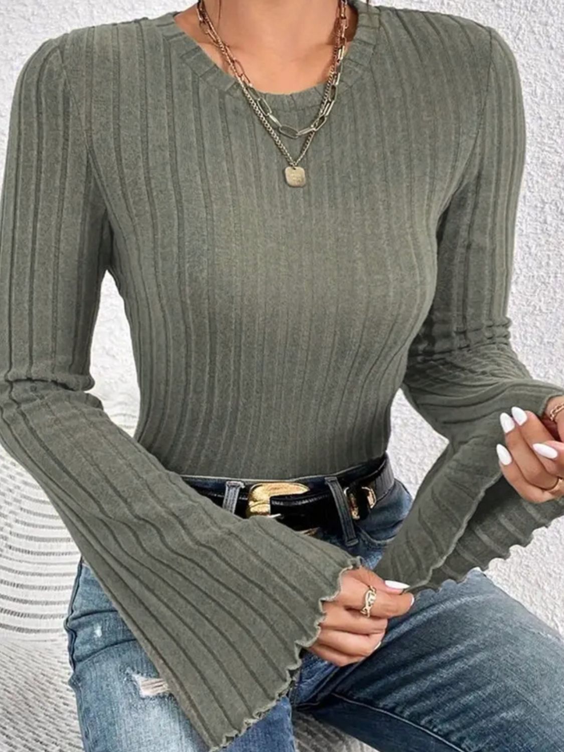 Ribbed Round Neck Flare Sleeve T-Shirt T-Shirt Trendsi   