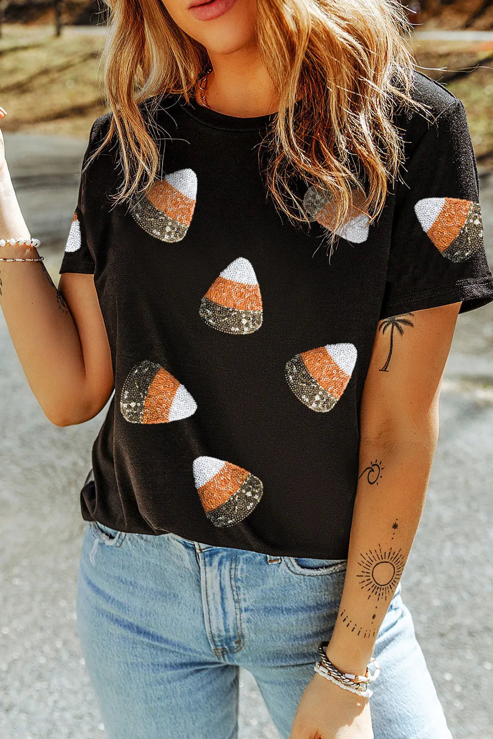 Sequin Round Neck Short Sleeve T-Shirt T-Shirt Trendsi Black S 