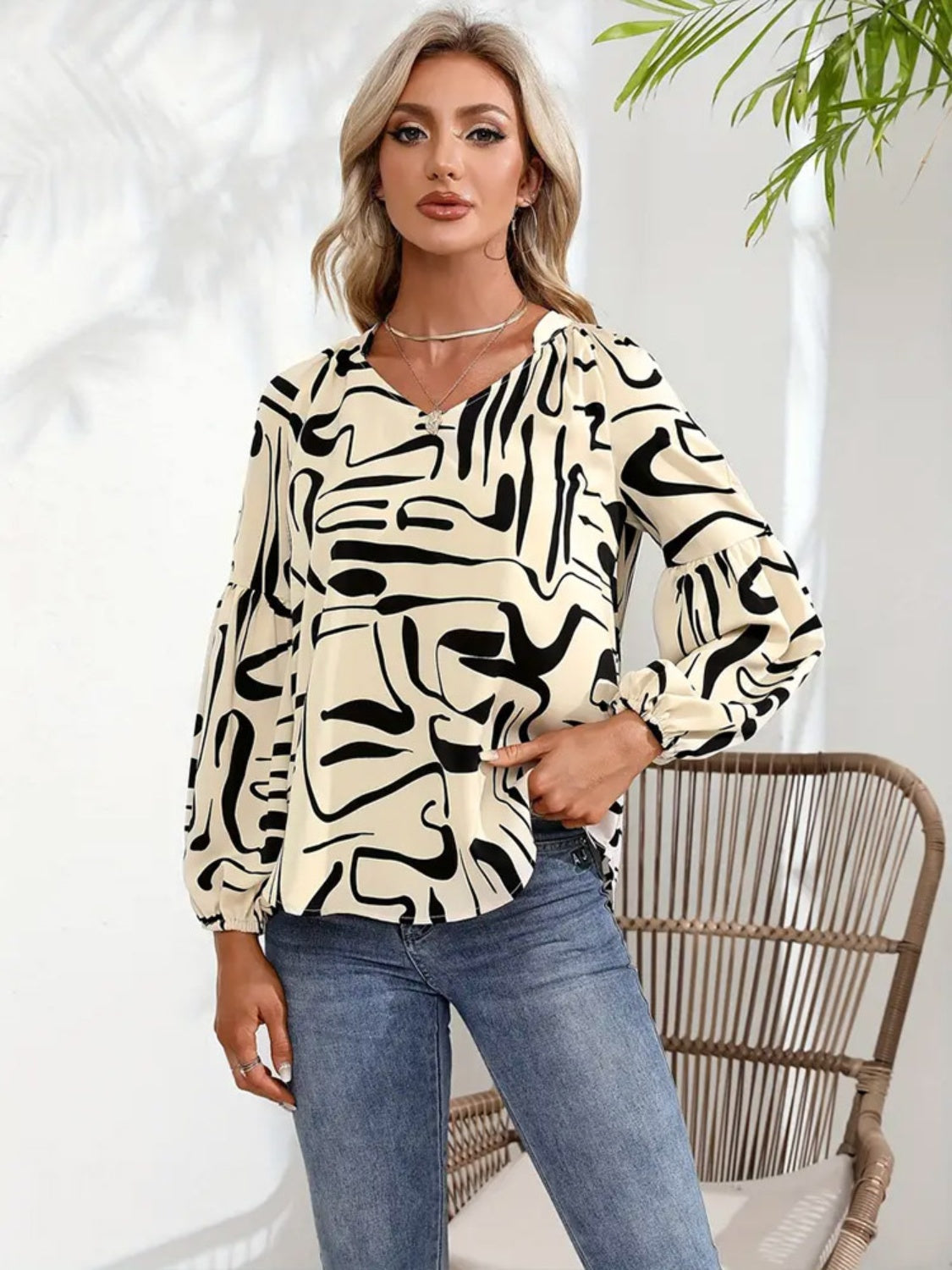 Printed Notched Long Sleeve Blouse  Trendsi   