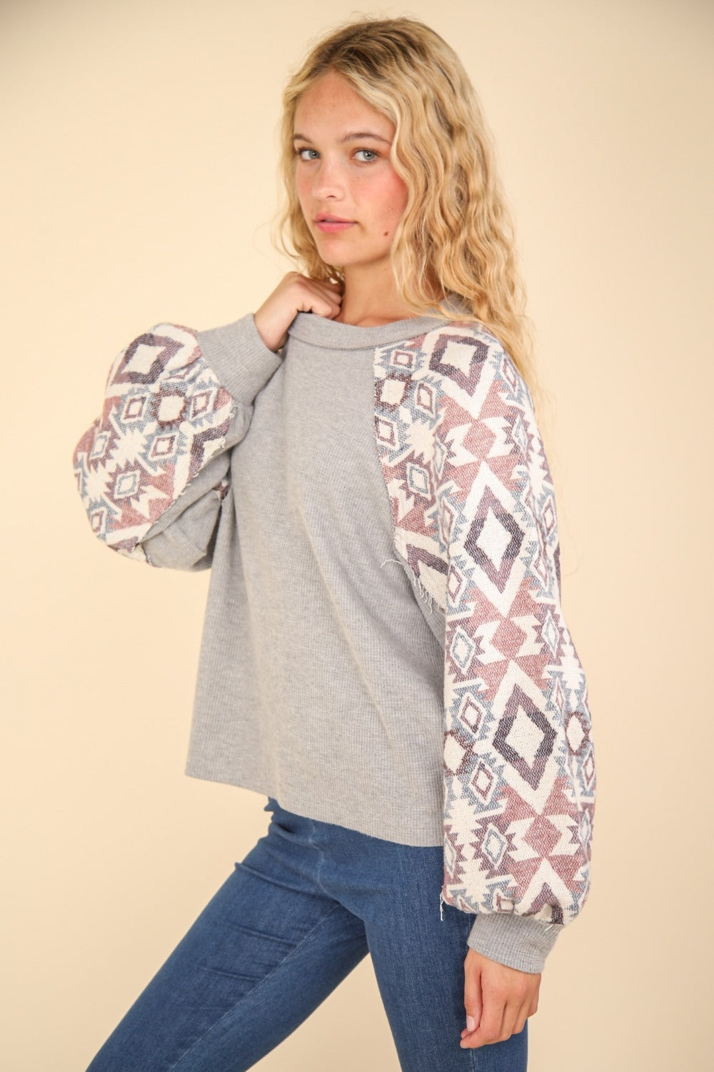 VERY J Printed Long Sleeve Round Neck Knit Top Luxe Trendsi   