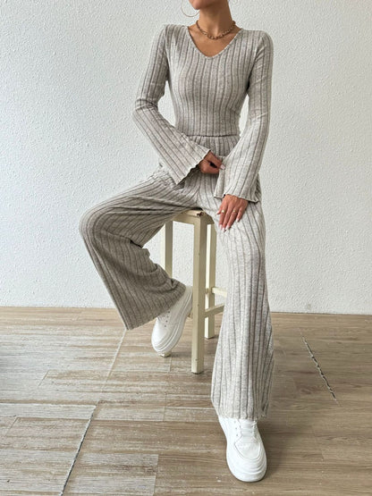 Ribbed V-Neck Long Sleeve Top and Pocketed Pants Set  Trendsi   