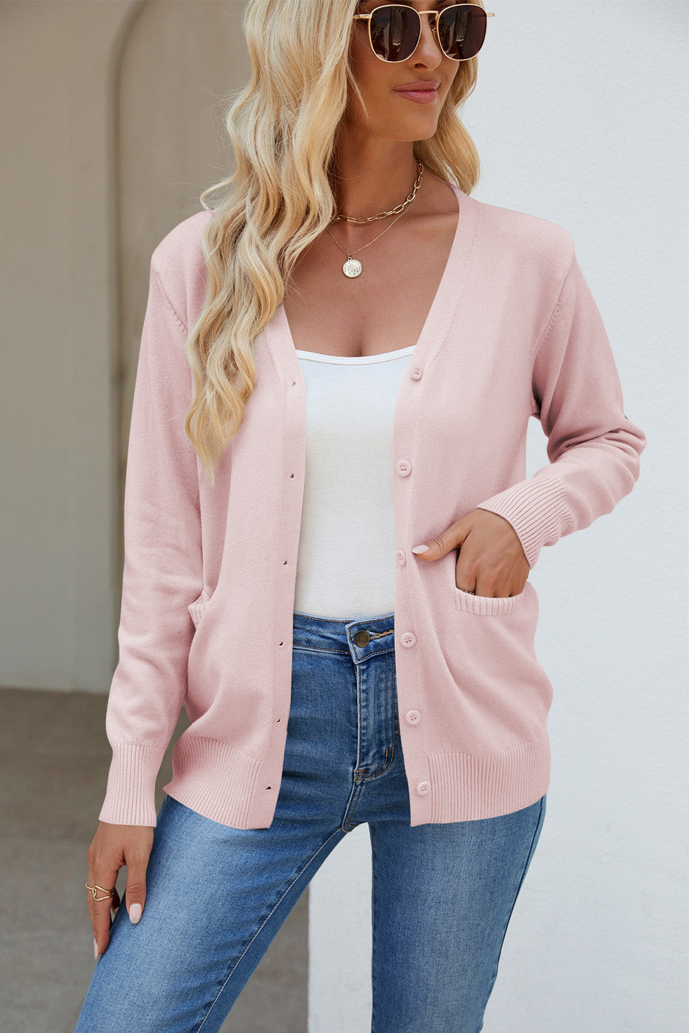 Pocketed V-Neck Button Up Long Sleeve Cardigan  Trendsi Blush Pink One Size 