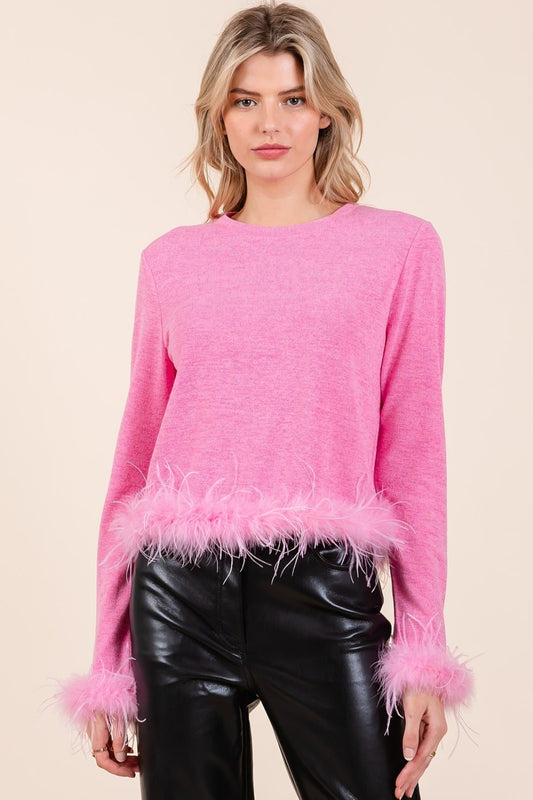 Mittoshop Feather Trim Long Sleeve Crop Hacci Knit Top  Trendsi Bubble Gum S 