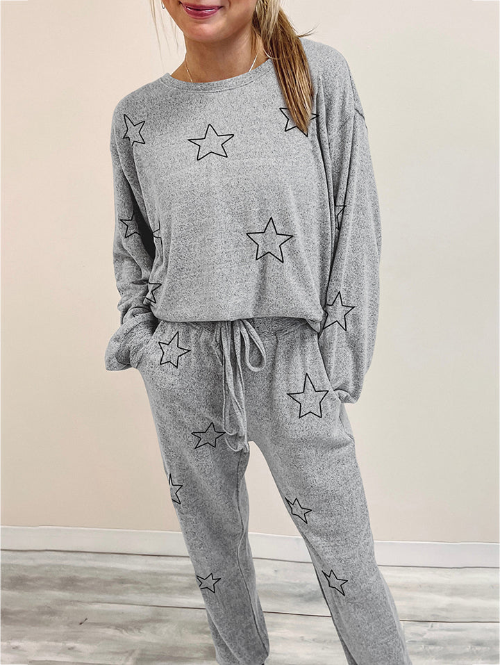 Star Print Long Sleeve Top and Pants Lounge Set  Trendsi Cloudy Blue S 