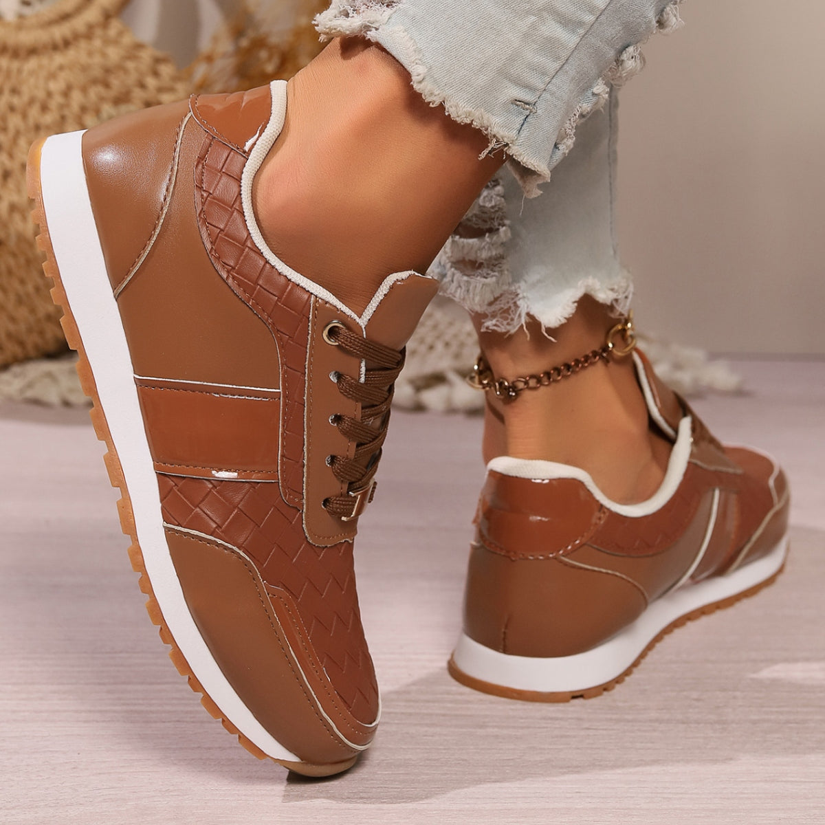 Lace-Up PU Leather Sneakers  Trendsi   