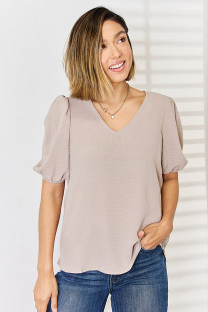 Zenana V-Neck Puff Sleeve Top Blouse Trendsi Light Mocha S 