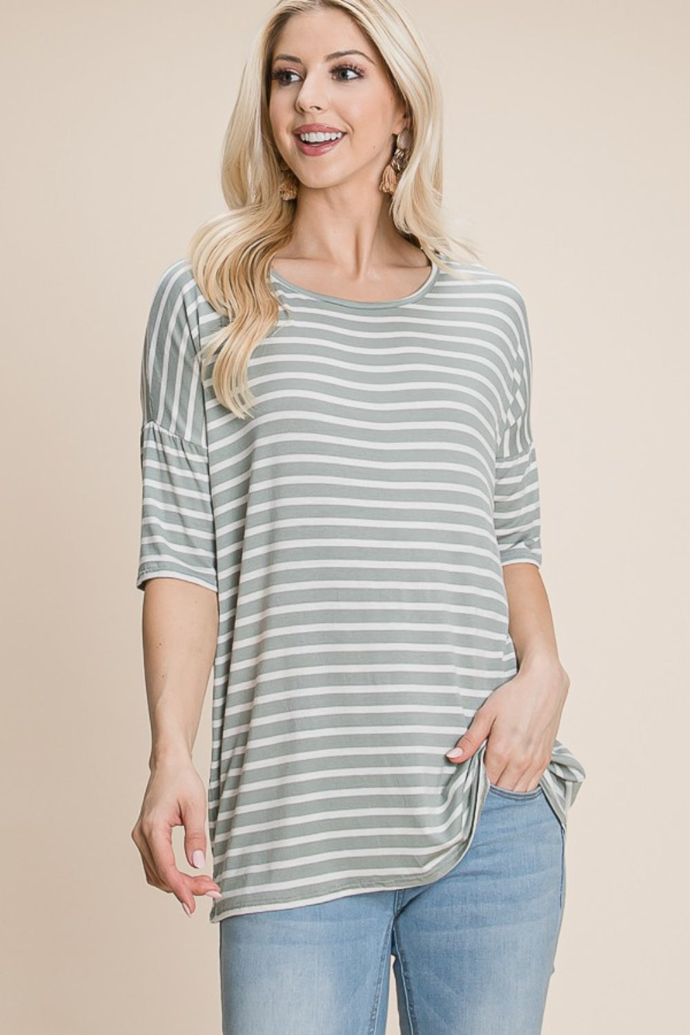 BOMBOM Striped Round Neck T-Shirt  Trendsi Sage S 