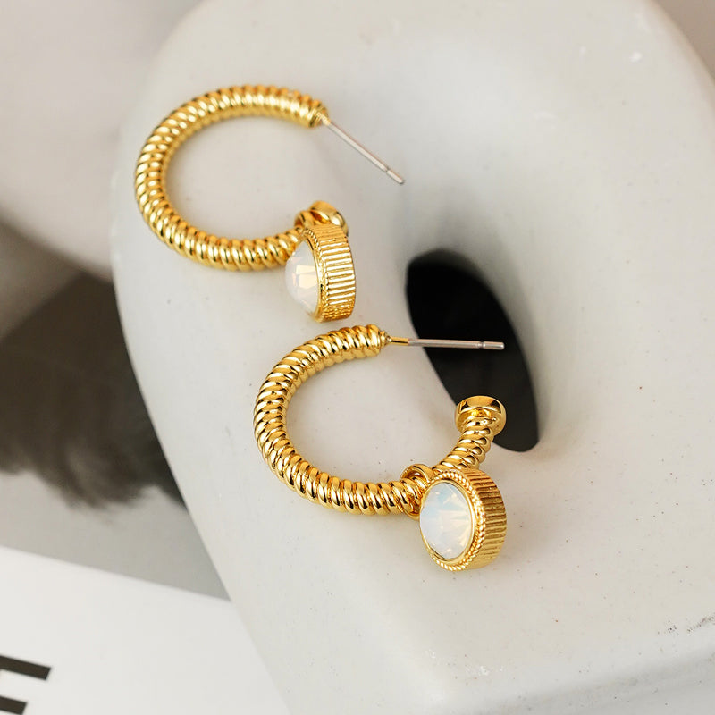 Rope Cat's Eye Stone C-Hoop Earrings  Trendsi   