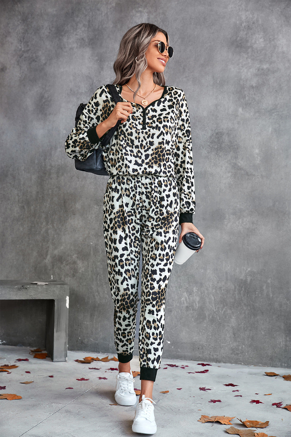 Leopard V-Neck Dropped Shoulder Loungewear Set  Trendsi   